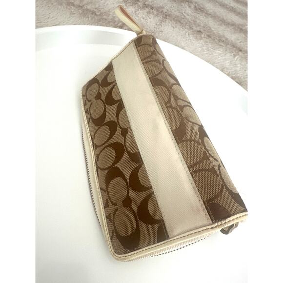 Coach Canvas Leather Zip Long Wallet Brown White Signature Used - Picture 4 of 6